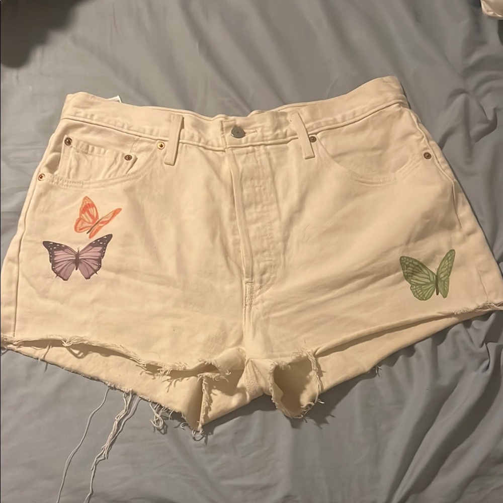Women's White Denim Shorts with Butterfly Accents